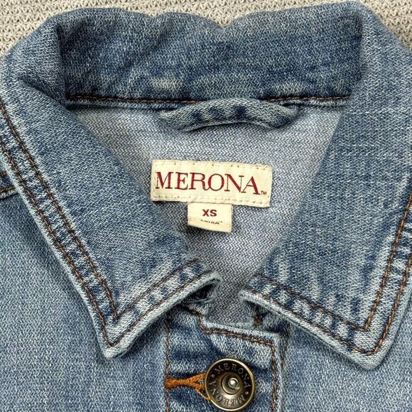 Merona Womens Blue Denim Jean Jacket Button Up Collared Casual 4 Pockets Size XS - Picture 9 of 13